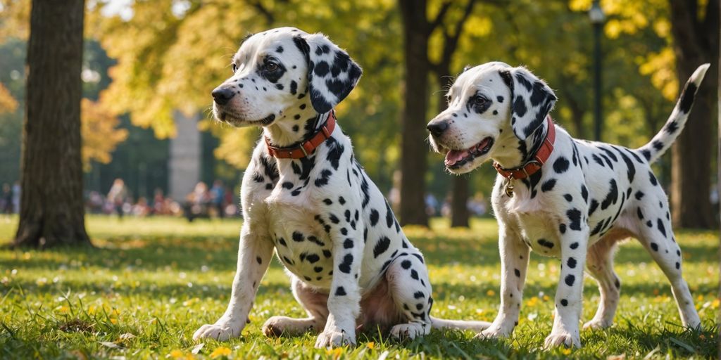 Dalmatian puppy playing with other dogs