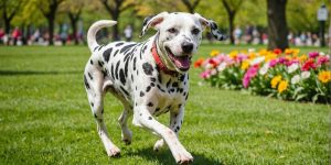 Happy Dalmatian running in a sunny park