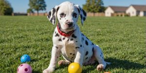 Dalmatian puppy sitting on grass with toys