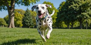 Dalmatian running in a grassy park