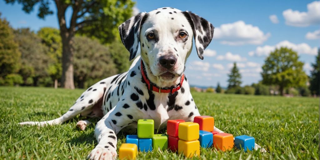 Dalmatian playing with puzzle toys on grass