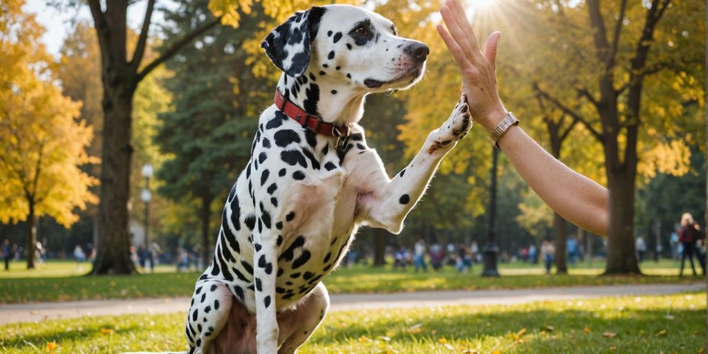 Dalmatian high-fiving owner in sunny park