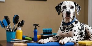 Dalmatian on grooming table with grooming tools