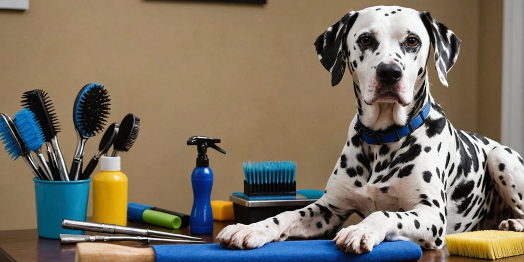 Dalmatian on grooming table with grooming tools