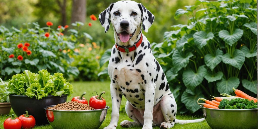 Dalmatian with food bowl in garden