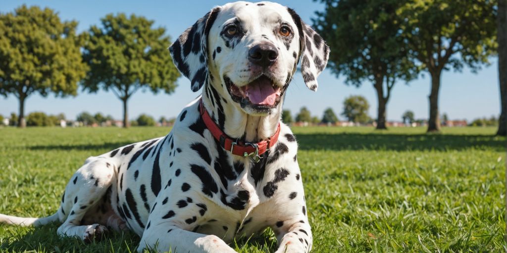 Dalmatian sitting attentively in a park