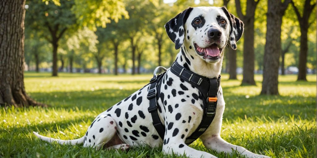 Dalmatian dog in safety harness at park